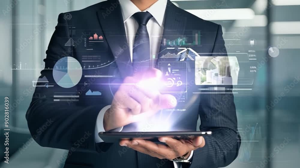 Poster This Businessman interacts with virtual data while working in a sleek office environment.