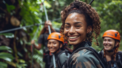 business achievement, A smiling group of employees participating in a fun outdoor team-building activity, completing a ropes course against a backdrop of lush greenery, promoting