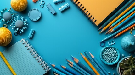 A blue surface is scattered with art supplies in various colors, including colored pencils, a notebook, and decorative objects.