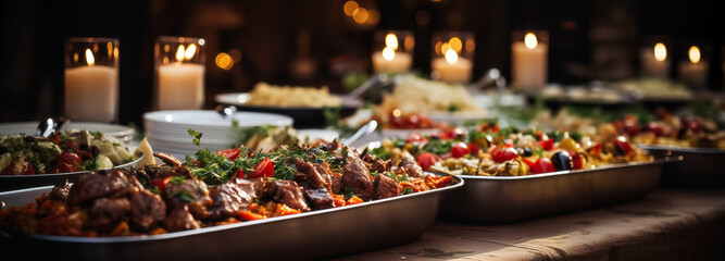Banner of a table in a restaurant with a variety of food, selective focus