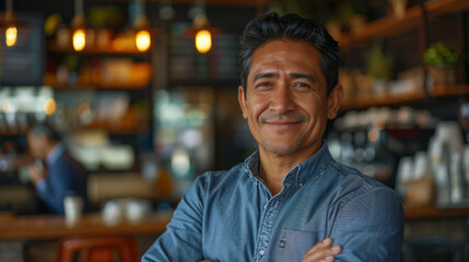 Obraz premium Pension Consultant, A knowledgeable Hispanic male demonstrating retirement savings options in business casual clothing on a cozy coffee shop background.