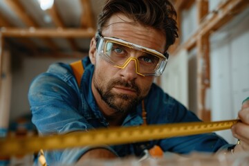 Concentrated man measuring a piece of wood in a construction site environment while wearing protective goggles, amid unfinished wooden structures and beams.