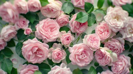 Fototapeta premium Fresh pink roses surrounded by green leaves