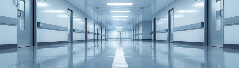 Medical Background,  Empty hospital hallway with clean white walls and bright overhead lights, featuring a set of double doors at the end. The polished floor reflects the