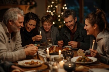 A family gathered around a table sharing a holiday meal, with smiles and laughter, surrounded by festive decor and warm candlelight, embodying love and cherished moments.
