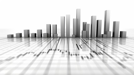 Obraz premium Modern Bar Graph and Line Chart on Reflective Surface Representing Financial Data and Business Analytics in Black and White