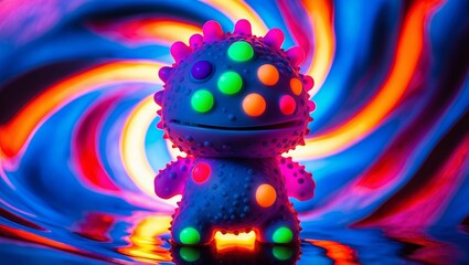 Obraz premium A glowing toy monster stands out against a colorful, spiraling backdrop
