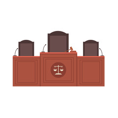 Empty courtroom podium isolated on white background. Courthouse judge interior podium justice concept. Vector stock