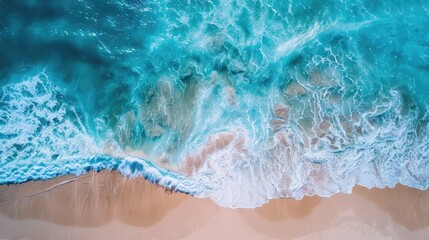 An aerial view captures the gentle embrace between the azure waves and the soft sandy beach, creating a tranquil and picturesque scene Generative Ai