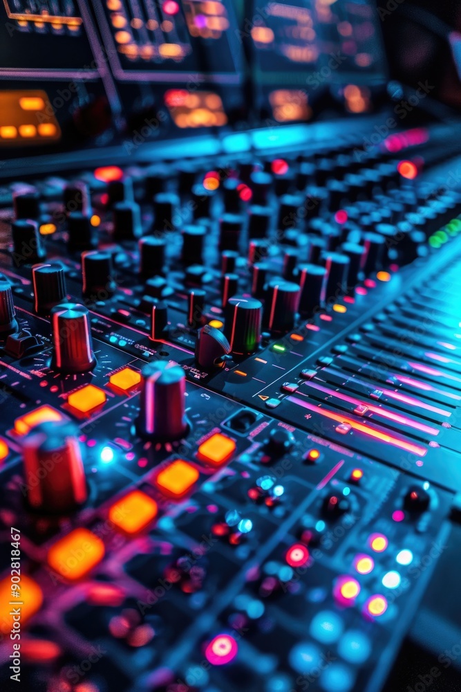 Poster a close-up view of a sound board with multiple knobs, ideal for use in music or audio-related contex