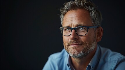 Fototapeta premium Focused Determination: A mature, confident man with a determined gaze, his glasses reflecting a thoughtful expression against a dark backdrop. He exudes strength and experience, ready to tackle any c