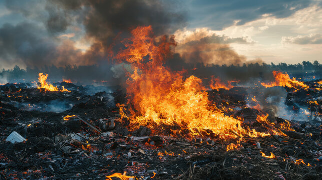 Huge flames consume trash at a landfill site, producing thick smoke and raising environmental concerns over waste management.