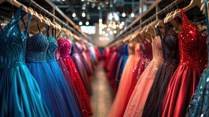A row of dresses in a store, with the most prominent being a red dress. The dresses are all different colors and styles, and they are hanging on racks. The store is brightly lit