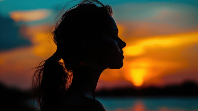 silhouette de profil d'une jeune femme sur fond de couch&eacute; de soleil en &eacute;t&eacute;