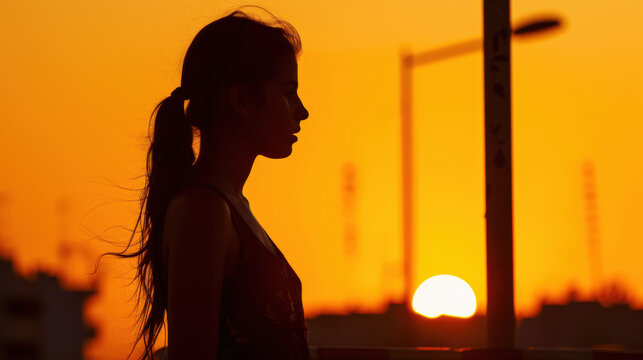 silhouette de profil d'une jeune femme sur fond de couch&eacute; de soleil en &eacute;t&eacute;