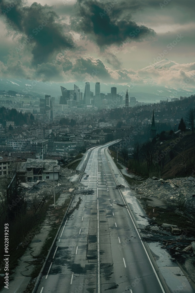 Poster an empty highway stretching into the distance with a city skyline visible in the background