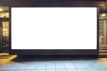 Mockup Of Store Blank Street Showcase Advertising Poster Window In A City At Night. Front View