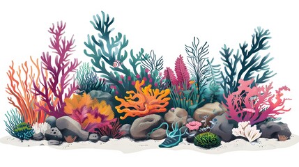 Fototapeta premium Coral reef design elements isolated on white background. Modern cartoon illustration of underwater seabed or aquarium bottom design elements, colorful aquatic plants collection, marine nature life