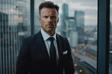 Fototapeta premium A serious and focused businessman in a suit stands by a window in a high-rise building, looking out at the cityscape during twilight, representing determination.