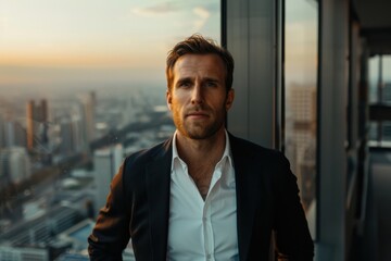 Fototapeta premium A man in a suit stands by a window in a high-rise building, looking out at the cityscape during sunset, exuding confidence and professionalism in a modern setting.