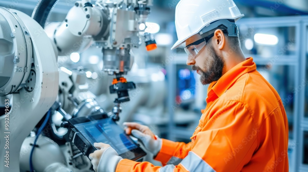 Poster a man in a white helmet and orange shirt is working on a robot. he is using a tablet to control the 