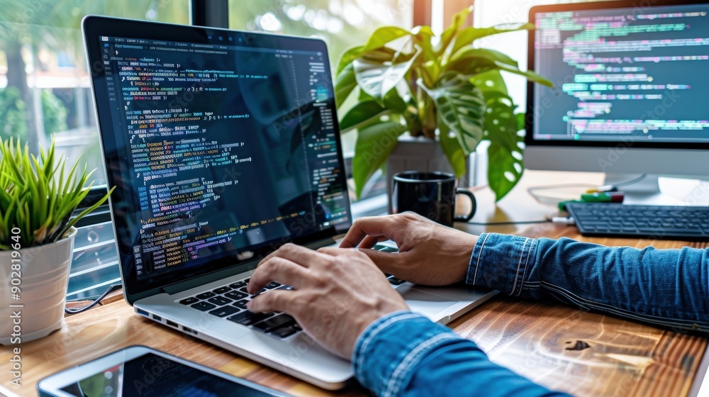 Poster a person is typing on a laptop computer. the laptop is open and the screen is displaying a code. the