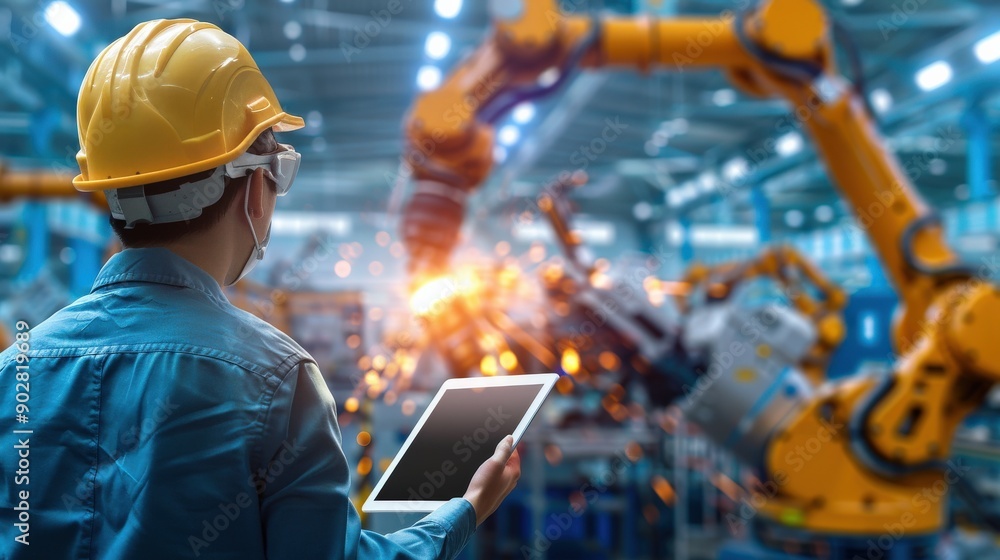 Aufkleber a man wearing a yellow helmet and safety glasses is using a tablet to view a robot. the robot is ora