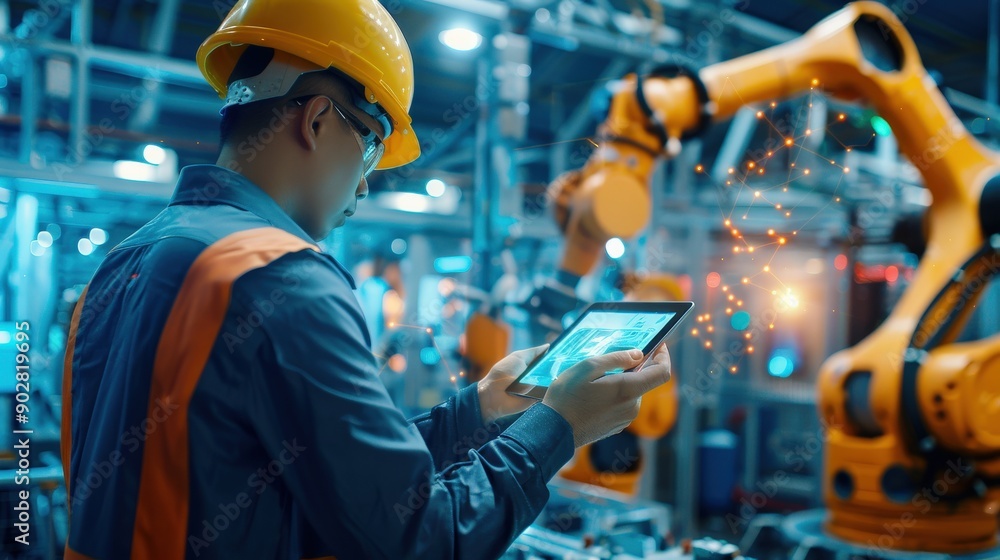 Poster a man wearing a yellow helmet and safety glasses is using a tablet to view a robot. the robot is ora