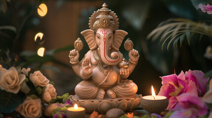 Fototapeta premium Ganesha idol adorned with flowers and candles for Ganesh Chaturthi.