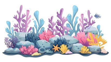 Naklejka premium Coral reef design elements isolated on white background. Modern cartoon illustration of underwater seabed or aquarium bottom design elements, colorful aquatic plants collection, marine nature life