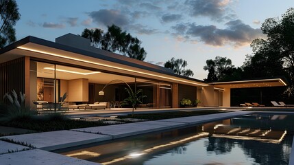 Obraz premium Modern Minimalist Home with Swimming Pool and Outdoor Lighting