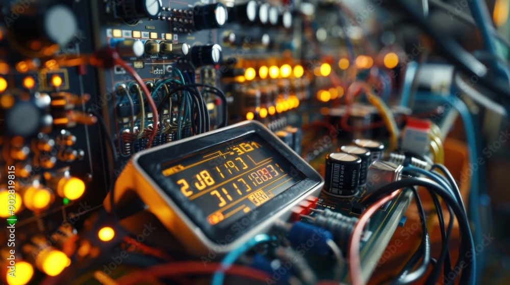 Poster a multimeter shows various readings, surrounded by colorful wires and electronic components in a bus