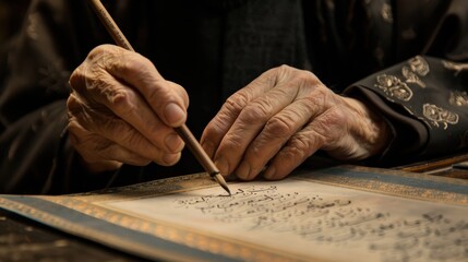 Obraz premium A skilled Persian calligrapher delicately crafts intricate designs with a pen, showcasing traditional artistry and great attention to detail during a focused session