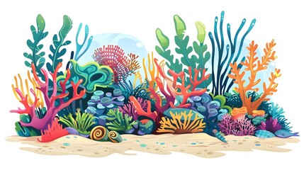 Naklejka premium Coral reef design elements isolated on white background. Modern cartoon illustration of underwater seabed or aquarium bottom design elements, colorful aquatic plants collection, marine nature life