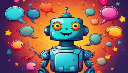 A friendly robot surrounded by colorful speech bubbles.