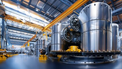 Fototapeta premium A large industrial machine with a shiny metal surface and yellow bolts.