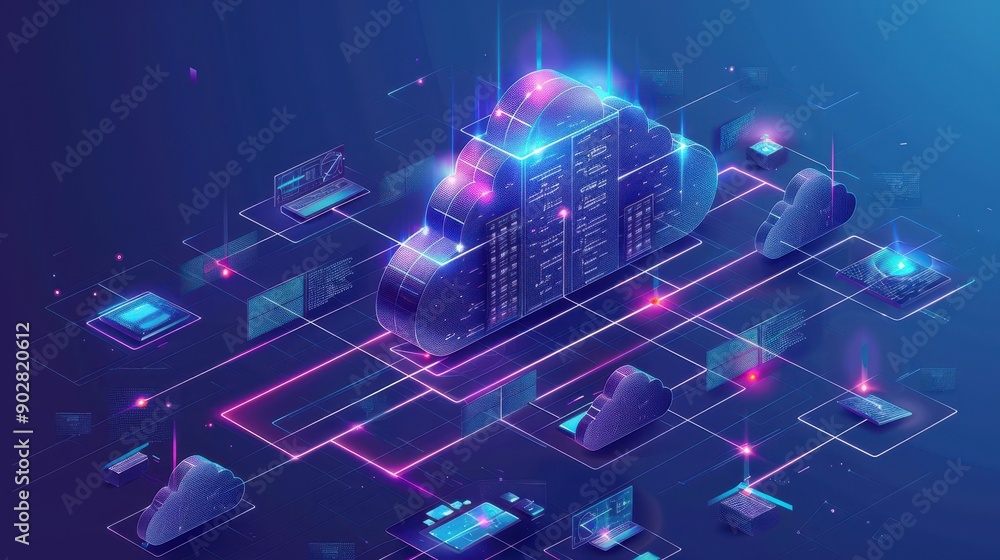Poster a computer chip with a cloud on it. the cloud is blue and purple. the chip is surrounded by a red an
