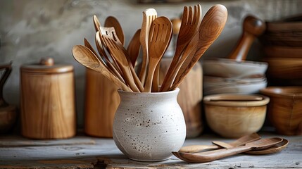 A collection of wooden kitchen utensils such as spoons and spatulas in a ceramic jar on a rustic table.