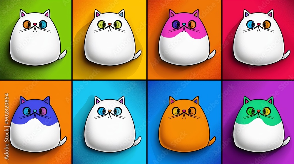 Poster a series of colorful cats in different sizes and colors. the cats are all sitting on a colorful back