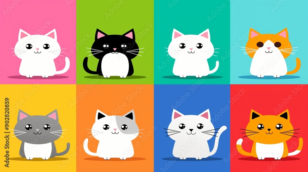 Poster a colorful image of a group of cats with different colors and patterns. the cats are all smiling and