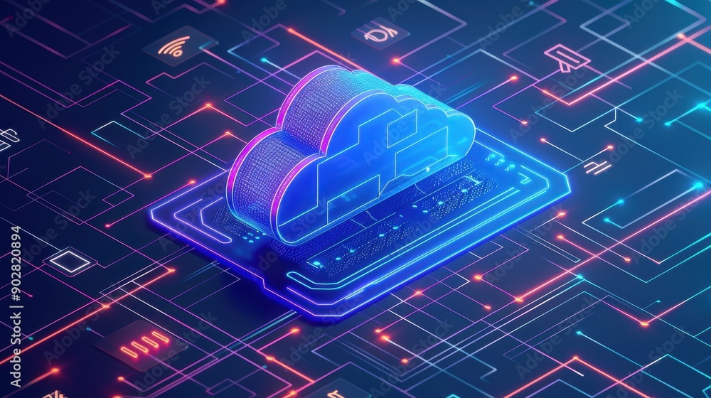 Poster a computer chip with a cloud on it. the cloud is blue and purple. the chip is surrounded by a red an