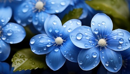 Delicate blue flowers with water drops on petals closeup.