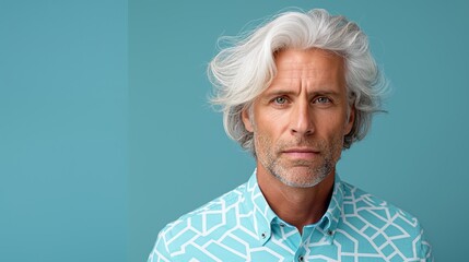 A man with a white beard and gray hair is wearing a blue shirt with a pattern. He is looking directly at the camera