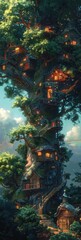 A whimsical treehouse nestled in a giant tree, illuminated by warm lights, creating a magical atmosphere in a vibrant forest.