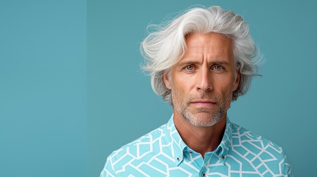 A man with a white beard and gray hair is wearing a blue shirt with a pattern. He is looking directly at the camera