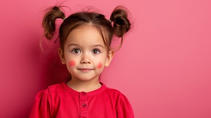 Fototapeta premium A little girl with red hair and red dress is standing in front of a pink wall. She has red lipstick on her lips and is smiling