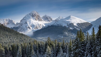 Obraz premium The majestic snow-capped mountains tower over the dark green pine trees, creating a beautiful winter landscape.