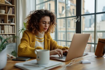 Fototapeta premium A woman in a yellow cardigan works on her laptop in a bright room. The workspace is organized and filled with natural light, making it an ideal environment for productivity.