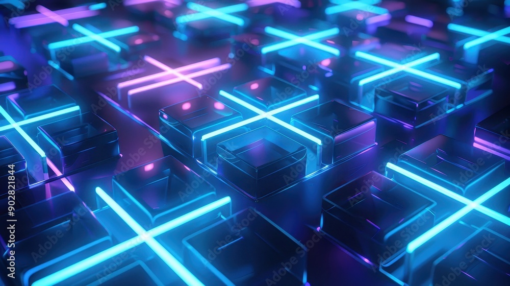Poster a colorful image of many small squares in blue and pink. the squares are arranged in a way that they