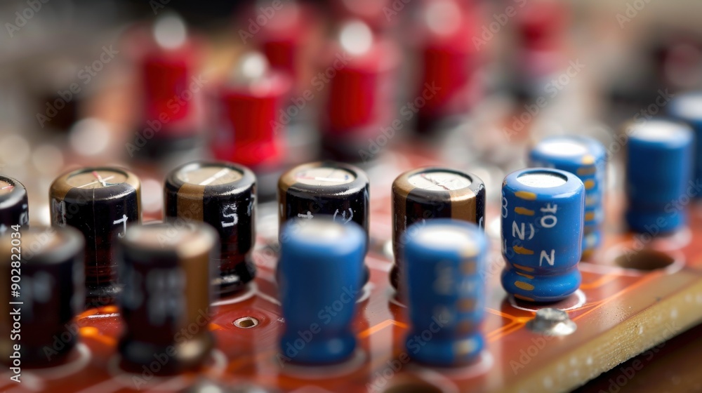 Poster a collection of colorful resistors and capacitors is carefully arranged on a circuit board within an